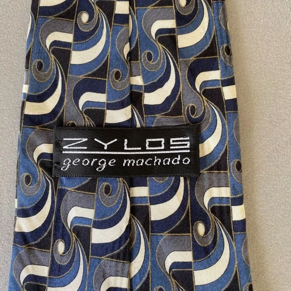 Zylos George Machado 100% Italian Silk Tie Blue Geometric USA 4